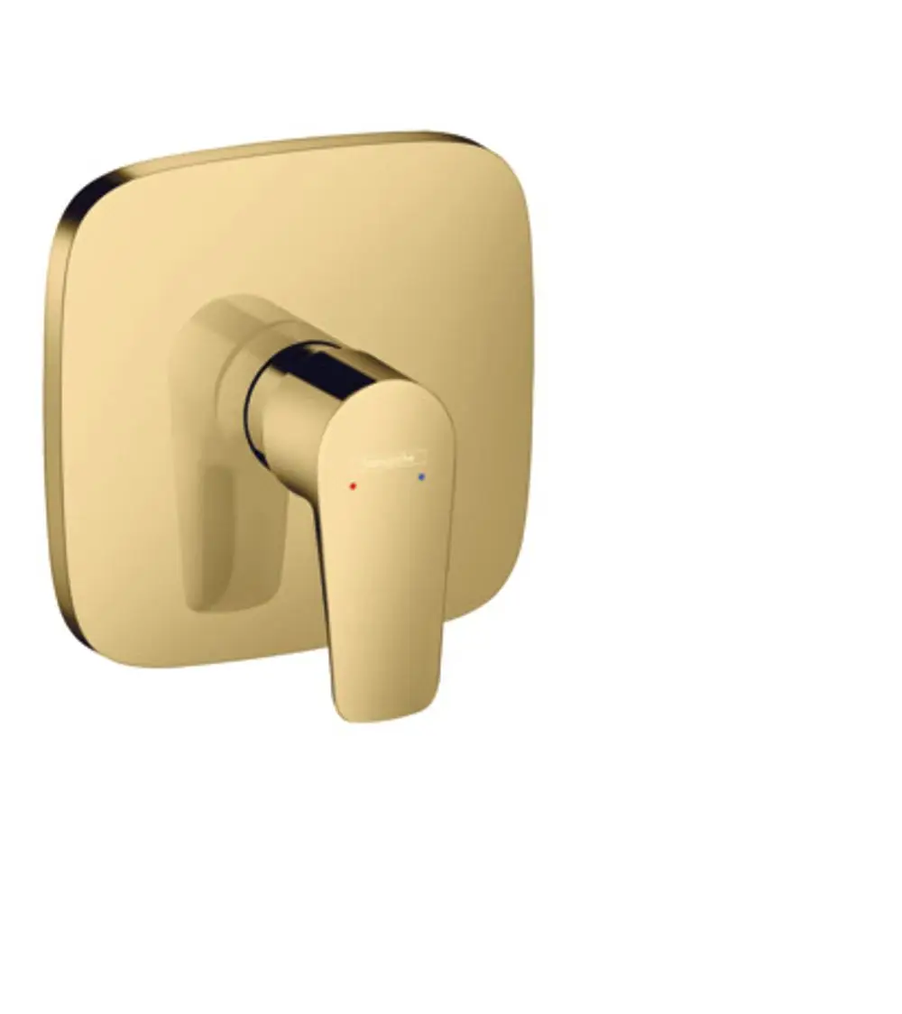 Hansgrohe Einhebel-Brausemischer in goldener Optik mit quadratischer Grundplatte und einem Hebel zur Temperatur- und Wasserflussregelung.